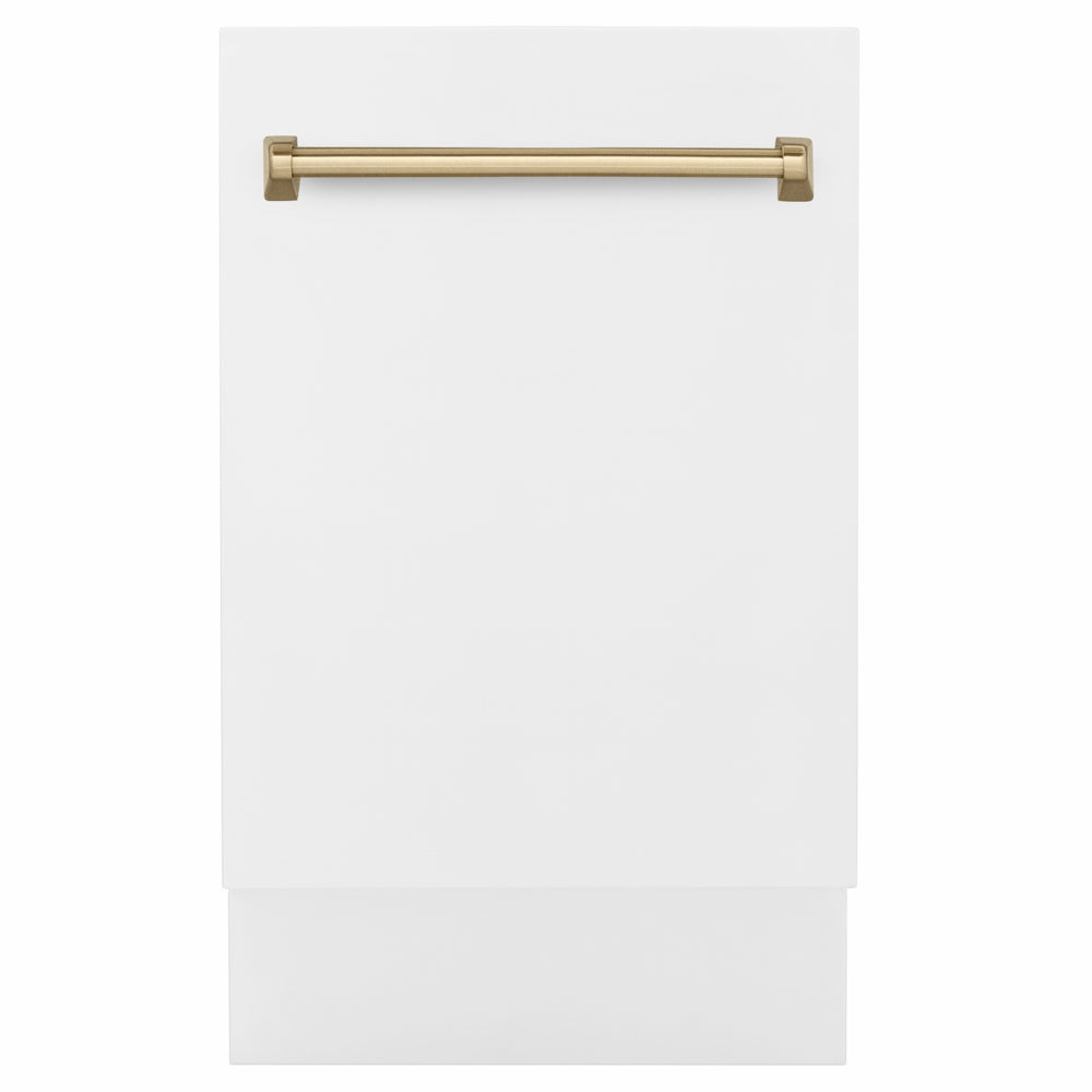 ZLINE Autograph Edition 18 in. Tallac Series 3rd Rack Dishwasher with Auto Door Open Drying, 51dBa, White Matte Panel with Champagne Bronze Handle (DWVZ-WM-18-CB) main image.