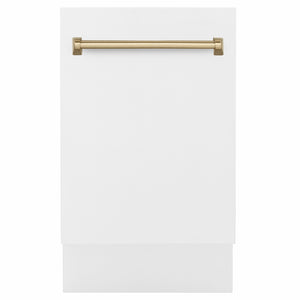 ZLINE Autograph Edition 18 in. Tallac Series 3rd Rack Dishwasher with Auto Door Open Drying, 51dBa, White Matte Panel with Champagne Bronze Handle (DWVZ-WM-18-CB) main image.