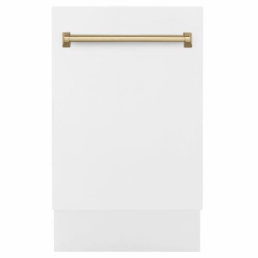 ZLINE Autograph Edition 18 in. Tallac Series 3rd Rack Dishwasher with Auto Door Open Drying, 51dBa, White Matte Panel with Champagne Bronze Handle (DWVZ-WM-18-CB)