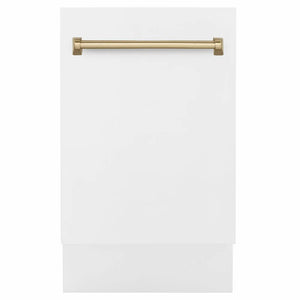 ZLINE Autograph Edition 18 in. Tallac Series 3rd Rack Dishwasher with Auto Door Open Drying, 51dBa, White Matte Panel with Champagne Bronze Handle (DWVZ-WM-18-CB) main image.