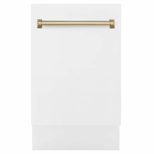 ZLINE Autograph Edition 18 in. Tallac Series 3rd Rack Dishwasher with Auto Door Open Drying, 51dBa, White Matte Panel with Champagne Bronze Handle (DWVZ-WM-18-CB) main image.