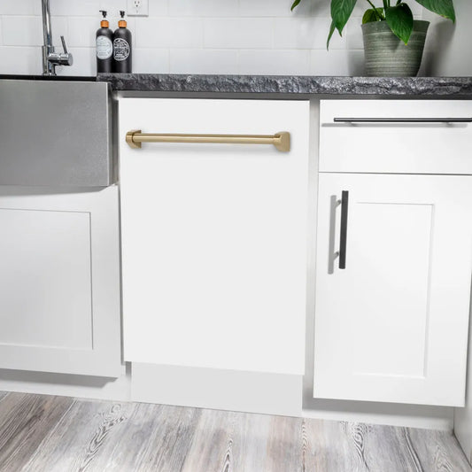 ZLINE Autograph Edition 18 in. Tallac Series 3rd Rack Dishwasher with Auto Door Open Drying, 51dBa, White Matte Panel with Champagne Bronze Handle (DWVZ-WM-18-CB) in a modern kitchen with white cabinets and a gray countertop.
