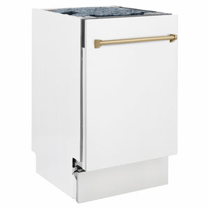 ZLINE Autograph Edition 18 in. Tallac Series 3rd Rack Dishwasher with Auto Door Open Drying, 51dBa, White Matte Panel with Champagne Bronze Handle (DWVZ-WM-18-CB) side.