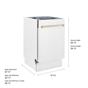 ZLINE Autograph Edition 18 in. Tallac Series 3rd Rack Dishwasher with Auto Door Open Drying, 51dBa, White Matte Panel with Polished Gold Handle (DWVZ-WM-18-G) with dimensions labeled.