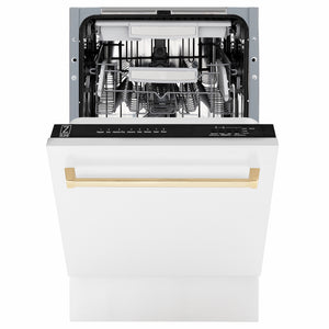 ZLINE Autograph Edition 18 in. Tallac Series 3rd Rack Dishwasher with Auto Door Open Drying, 51dBa, White Matte Panel with Polished Gold Handle (DWVZ-WM-18-G) front, half open.