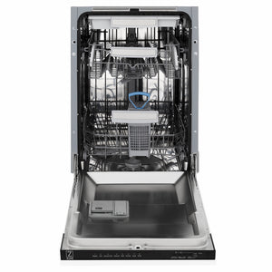 ZLINE Autograph Edition 18 in. Tallac Series 3rd Rack Dishwasher with Auto Door Open Drying, 51dBa, White Matte Panel with Polished Gold Handle (DWVZ-WM-18-G) front, open, showing stainless steel tub.