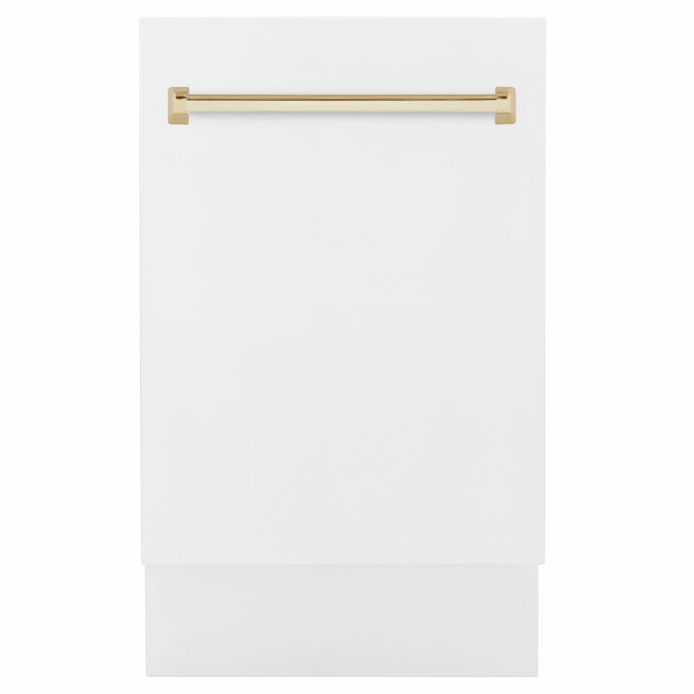 ZLINE Autograph Edition 18 in. Tallac Series 3rd Rack Dishwasher with Auto Door Open Drying, 51dBa, White Matte Panel with Polished Gold Handle (DWVZ-WM-18-G) main image.