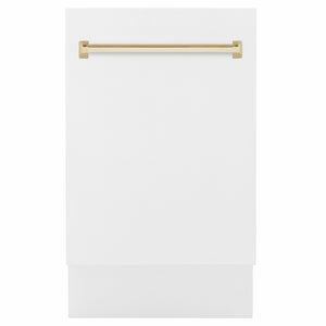 ZLINE Autograph Edition 18 in. Tallac Series 3rd Rack Dishwasher with Auto Door Open Drying, 51dBa, White Matte Panel with Polished Gold Handle (DWVZ-WM-18-G) main image.