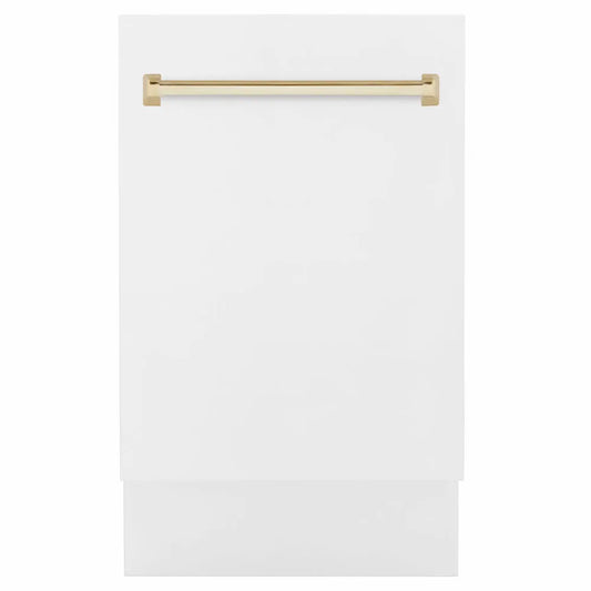 ZLINE Autograph Edition 18 in. Tallac Series 3rd Rack Dishwasher with Auto Door Open Drying, 51dBa, White Matte Panel with Polished Gold Handle (DWVZ-WM-18-G) main image.