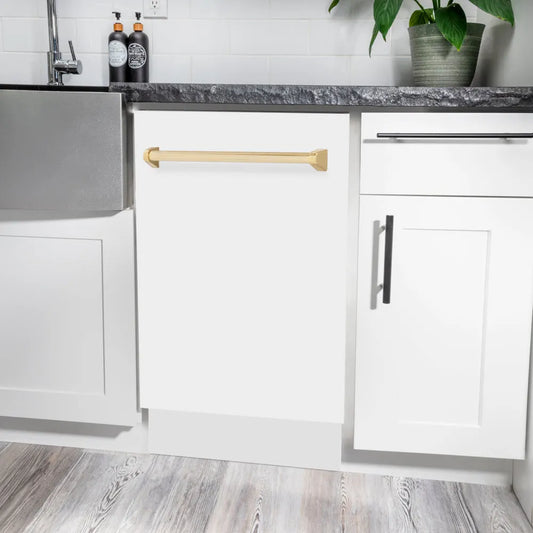 ZLINE Autograph Edition 18 in. Tallac Series 3rd Rack Dishwasher with Auto Door Open Drying, 51dBa, White Matte Panel with Polished Gold Handle (DWVZ-WM-18-G) open, in a kitchen setting with white cabinets.