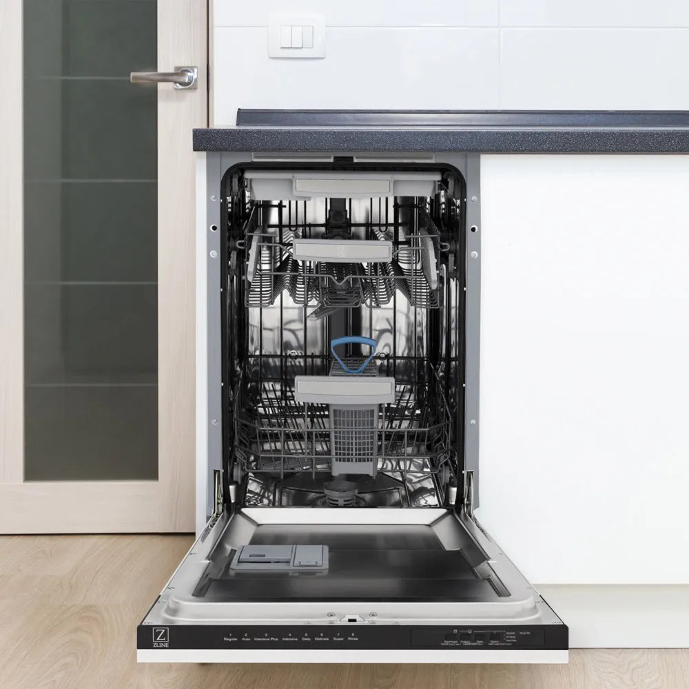 ZLINE Autograph Edition 18 in. Tallac Series 3rd Rack Dishwasher with Auto Door Open Drying, 51dBa, White Matte Panel with Polished Gold Handle (DWVZ-WM-18-G) open, in a kitchen setting with white cabinets.