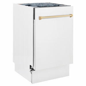 ZLINE Autograph Edition 18 in. Tallac Series 3rd Rack Dishwasher with Auto Door Open Drying, 51dBa, White Matte Panel with Polished Gold Handle (DWVZ-WM-18-G) side.