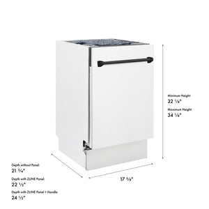 ZLINE Autograph Edition 18 in. Tallac Series 3rd Rack Dishwasher with Auto Door Open Drying, 51dBa, White Matte Panel with Matte Black Handle (DWVZ-WM-18-MB) with dimensions labeled.