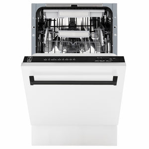 ZLINE Autograph Edition 18 in. Tallac Series 3rd Rack Dishwasher with Auto Door Open Drying, 51dBa, White Matte Panel with Matte Black Handle (DWVZ-WM-18-MB) front, half open.