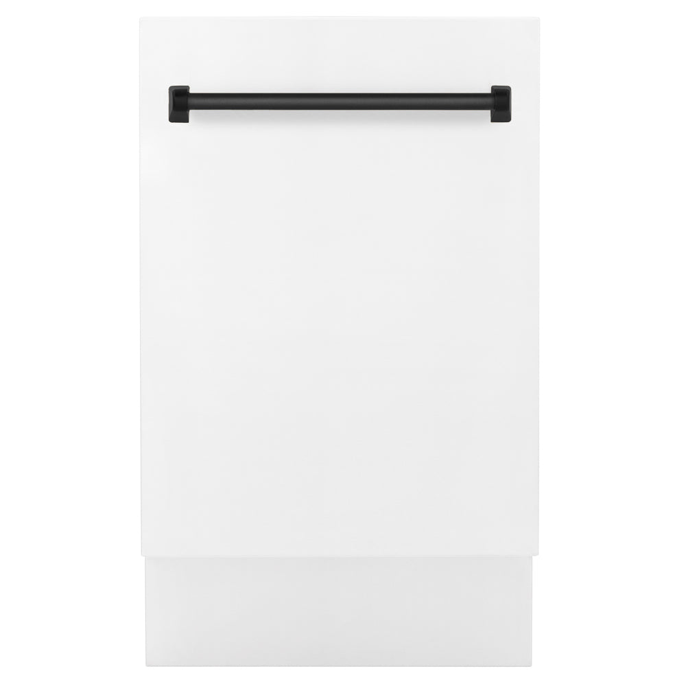 ZLINE Autograph Edition 18 in. Tallac Series 3rd Rack Dishwasher with Auto Door Open Drying, 51dBa, White Matte Panel with Matte Black Handle (DWVZ-WM-18-MB) main image.