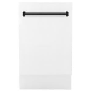 ZLINE Autograph Edition 18 in. Tallac Series 3rd Rack Dishwasher with Auto Door Open Drying, 51dBa, White Matte Panel with Matte Black Handle (DWVZ-WM-18-MB) main image.