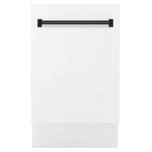 ZLINE Autograph Edition 18 in. Tallac Series 3rd Rack Dishwasher with Auto Door Open Drying, 51dBa, White Matte Panel with Matte Black Handle (DWVZ-WM-18-MB)
