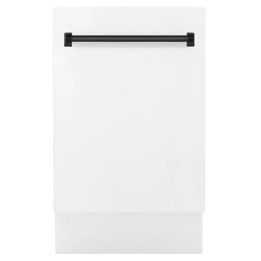 ZLINE Autograph Edition 18 in. Tallac Series 3rd Rack Dishwasher with Auto Door Open Drying, 51dBa, White Matte Panel with Matte Black Handle (DWVZ-WM-18-MB) main image.