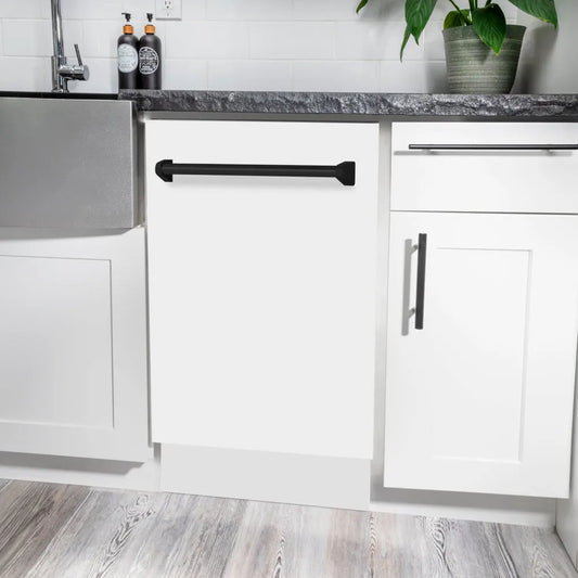 ZLINE Autograph Edition 18 in. Tallac Series 3rd Rack Dishwasher with Auto Door Open Drying, 51dBa, White Matte Panel with Matte Black Handle (DWVZ-WM-18-MB) in a modern kitchen with white cabinets and a gray countertop.