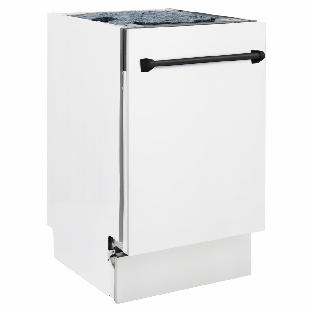 ZLINE Autograph Edition 18 in. Tallac Series 3rd Rack Dishwasher with Auto Door Open Drying, 51dBa, White Matte Panel with Matte Black Handle (DWVZ-WM-18-MB) side.