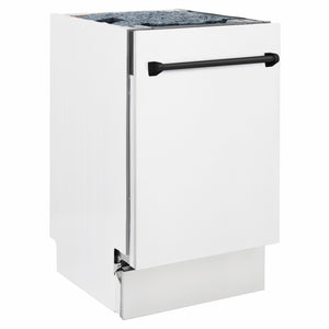 ZLINE Autograph Edition 18 in. Tallac Series 3rd Rack Dishwasher with Auto Door Open Drying, 51dBa, White Matte Panel with Matte Black Handle (DWVZ-WM-18-MB) side.