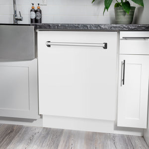 ZLINE 24 in. Tallac Series 3rd Rack Dishwasher with Auto Door Open Drying, 51dBa, White Matte Panel (DWV-WM-24) in a modern kitchen with white cabinets and a gray countertop.