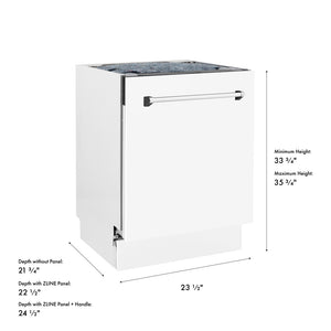 ZLINE 24 in. Tallac Series 3rd Rack Dishwasher with Auto Door Open Drying, 51dBa, White Matte Panel (DWV-WM-24) with dimensions labeled.