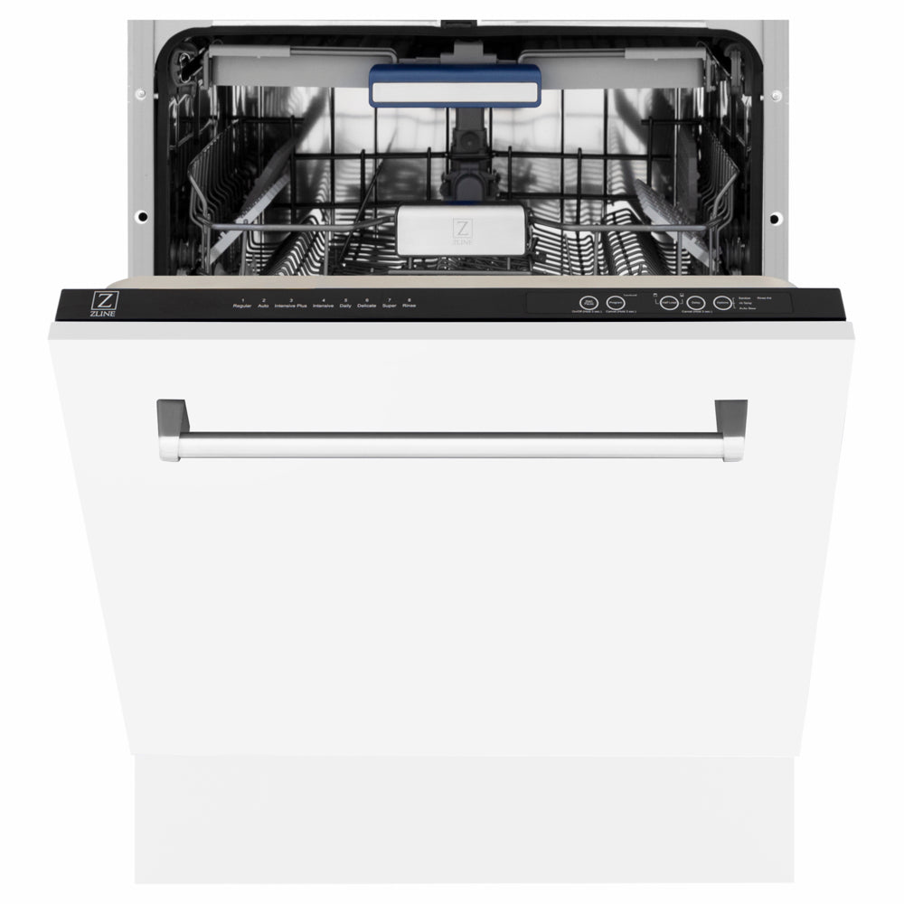 ZLINE 24 in. Tallac Series 3rd Rack Dishwasher with Auto Door Open Drying, 51dBa, White Matte Panel (DWV-WM-24) front, half open.
