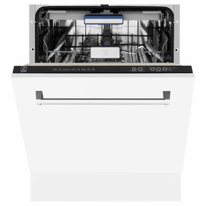 ZLINE 24 in. Tallac Series 3rd Rack Dishwasher with Auto Door Open Drying, 51dBa, White Matte Panel (DWV-WM-24) front, half open.