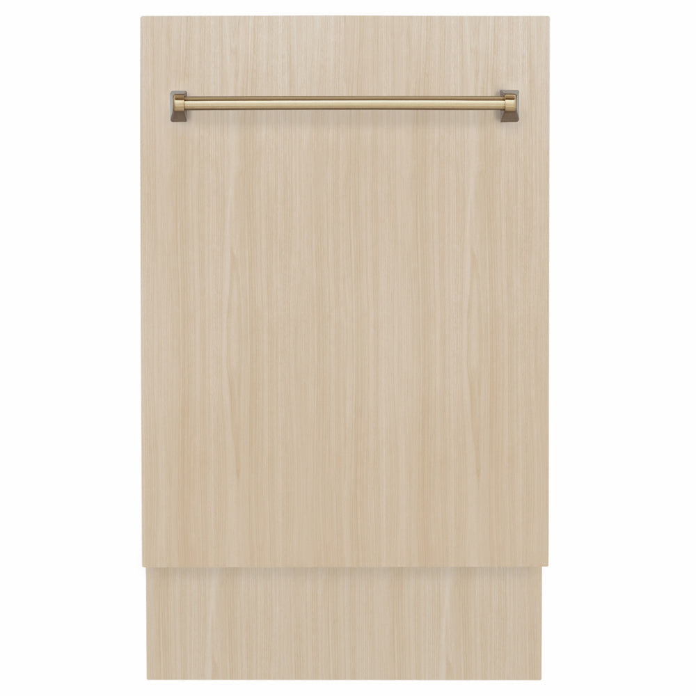 ZLINE Autograph Edition 18 in. Tallac Series 3rd Rack Dishwasher with Auto Door Open Drying, 51dBa, Panel Ready with Champagne Bronze Handle (DWVZ-18-CB) front, with custom wood panel.