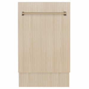 ZLINE Autograph Edition 18 in. Tallac Series 3rd Rack Dishwasher with Auto Door Open Drying, 51dBa, Panel Ready with Champagne Bronze Handle (DWVZ-18-CB) front, with custom wood panel.
