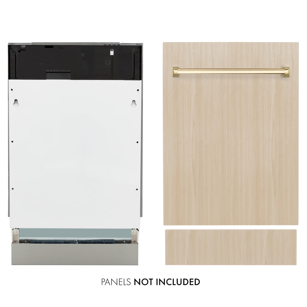 ZLINE Autograph Edition 18 in. Tallac Series 3rd Rack Dishwasher with Auto Door Open Drying, 51dBa, Panel Ready with Polished Gold Handle (DWVZ-18-G) main image.