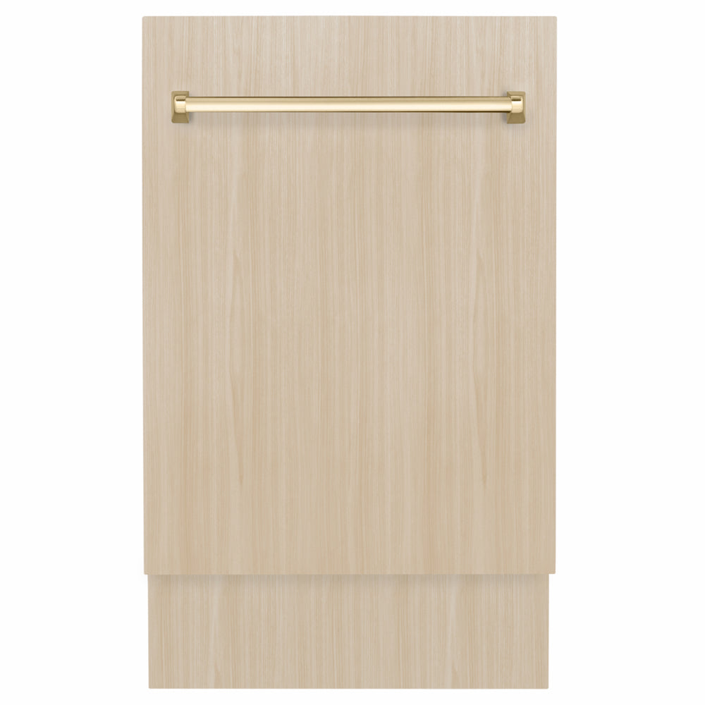 ZLINE Autograph Edition 18 in. Tallac Series 3rd Rack Dishwasher with Auto Door Open Drying, 51dBa, Panel Ready with Polished Gold Handle (DWVZ-18-G) front, with custom wood panel.