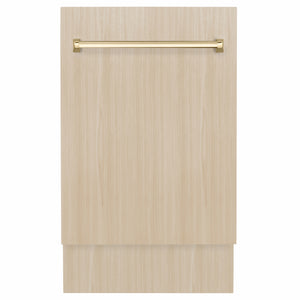 ZLINE Autograph Edition 18 in. Tallac Series 3rd Rack Dishwasher with Auto Door Open Drying, 51dBa, Panel Ready with Polished Gold Handle (DWVZ-18-G) front, with custom wood panel.