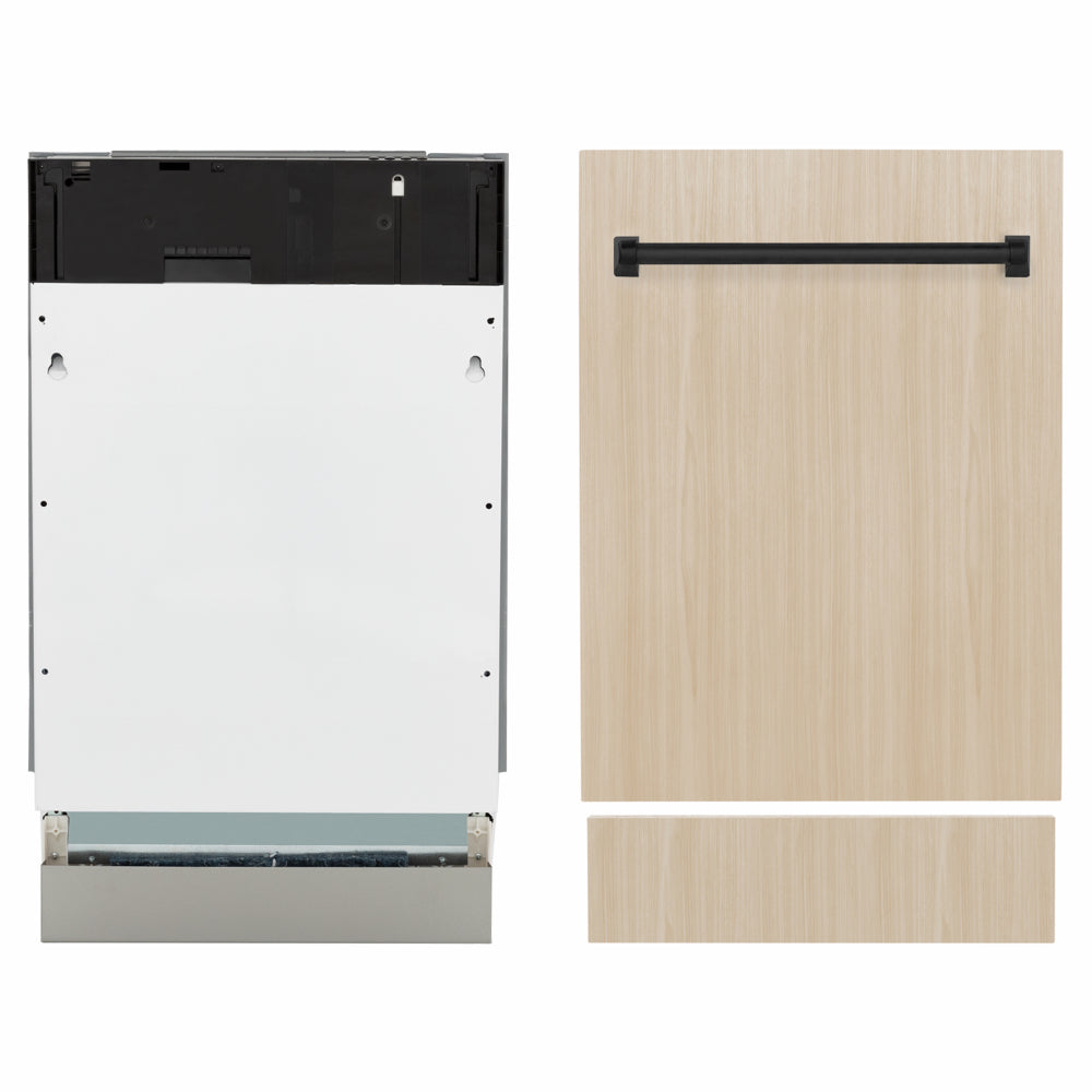 ZLINE Autograph Edition 18 in. Tallac Series 3rd Rack Dishwasher with Auto Door Open Drying, 51dBa, Panel Ready with Matte Black Handle (DWVZ-18-MB) front, unit next to panels.