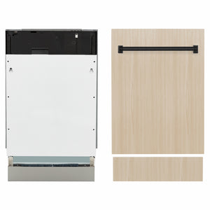 ZLINE Autograph Edition 18 in. Tallac Series 3rd Rack Dishwasher with Auto Door Open Drying, 51dBa, Panel Ready with Matte Black Handle (DWVZ-18-MB) front, unit next to panels.