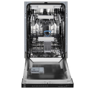 ZLINE Autograph Edition 18 in. Tallac Series 3rd Rack Dishwasher with Auto Door Open Drying, 51dBa, Panel Ready with Matte Black Handle (DWVZ-18-MB) front, open, showing stainless steel tub.