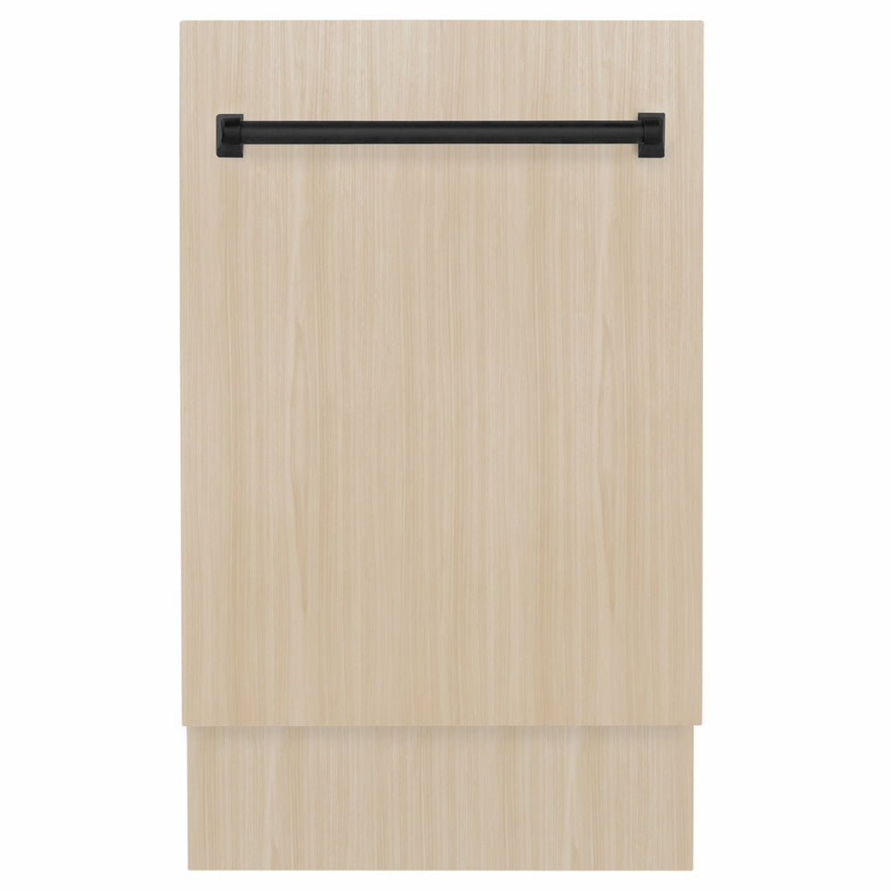 ZLINE Autograph Edition 18 in. Tallac Series 3rd Rack Dishwasher with Auto Door Open Drying, 51dBa, Panel Ready with Matte Black Handle (DWVZ-18-MB) front, with custom wood panel.
