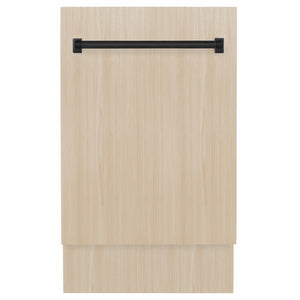 ZLINE Autograph Edition 18 in. Tallac Series 3rd Rack Dishwasher with Auto Door Open Drying, 51dBa, Panel Ready with Matte Black Handle (DWVZ-18-MB) front, with custom wood panel.