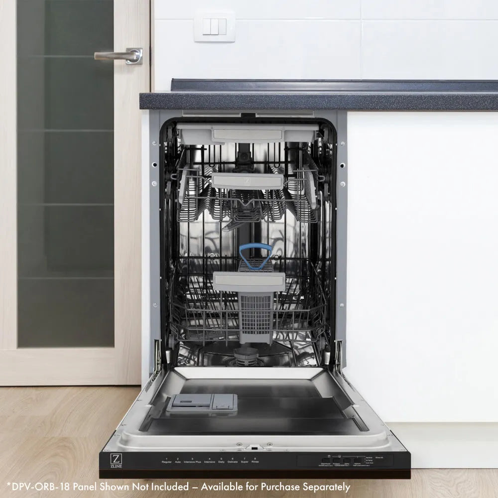 ZLINE Autograph Edition 18 in. Tallac Series 3rd Rack Dishwasher with Auto Door Open Drying, 51dBa, Panel Ready with Matte Black Handle (DWVZ-18-MB) open, in a kitchen setting with white cabinets.