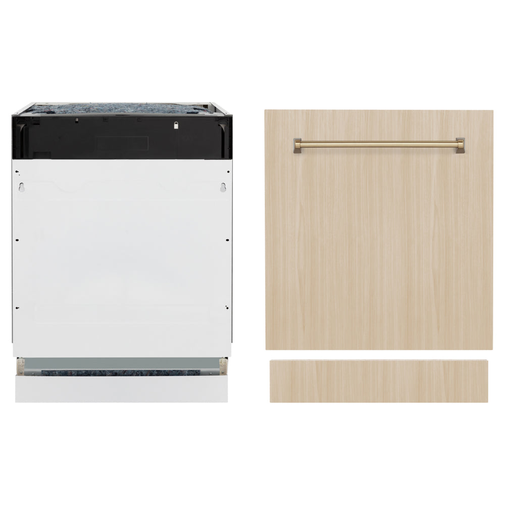 ZLINE Autograph Edition 24 in. Tallac Series 3rd Rack Dishwasher with Auto Door Open Drying, 51dBa, Panel Ready with Champagne Bronze Handle (DWVZ-24-CB) front, unit next to panels.