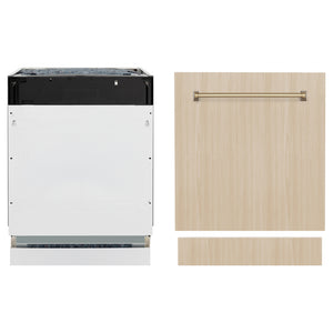 ZLINE Autograph Edition 24 in. Tallac Series 3rd Rack Dishwasher with Auto Door Open Drying, 51dBa, Panel Ready with Champagne Bronze Handle (DWVZ-24-CB) front, unit next to panels.