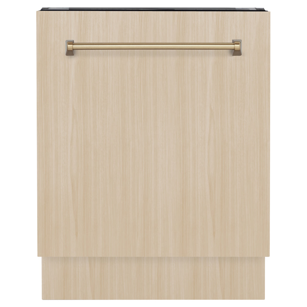 ZLINE Autograph Edition 24 in. Tallac Series 3rd Rack Dishwasher with Auto Door Open Drying, 51dBa, Panel Ready with Champagne Bronze Handle (DWVZ-24-CB) front, with custom wood panel.