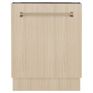 ZLINE Autograph Edition 24 in. Tallac Series 3rd Rack Dishwasher with Auto Door Open Drying, 51dBa, Panel Ready with Champagne Bronze Handle (DWVZ-24-CB) front, with custom wood panel.