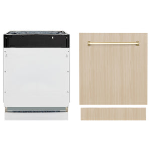 ZLINE Autograph Edition 24 in. Tallac Series 3rd Rack Dishwasher with Auto Door Open Drying, 51dBa, Panel Ready with Polished Gold Handle (DWVZ-24-G) front, unit next to panels.