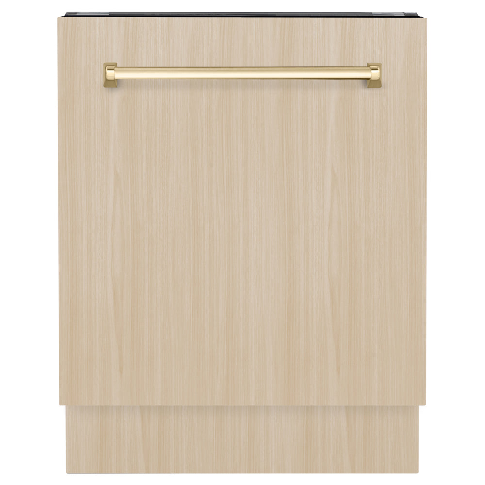 ZLINE Autograph Edition 24 in. Tallac Series 3rd Rack Dishwasher with Auto Door Open Drying, 51dBa, Panel Ready with Polished Gold Handle (DWVZ-24-G) front, with custom wood panel.