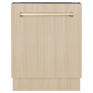 ZLINE Autograph Edition 24 in. Tallac Series 3rd Rack Dishwasher with Auto Door Open Drying, 51dBa, Panel Ready with Polished Gold Handle (DWVZ-24-G) front, with custom wood panel.
