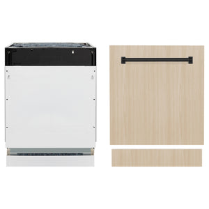 ZLINE Autograph Edition 24 in. Tallac Series 3rd Rack Dishwasher with Auto Door Open Drying, 51dBa, Panel Ready with Matte Black Handle (DWVZ-24-MB) front, unit next to panels.