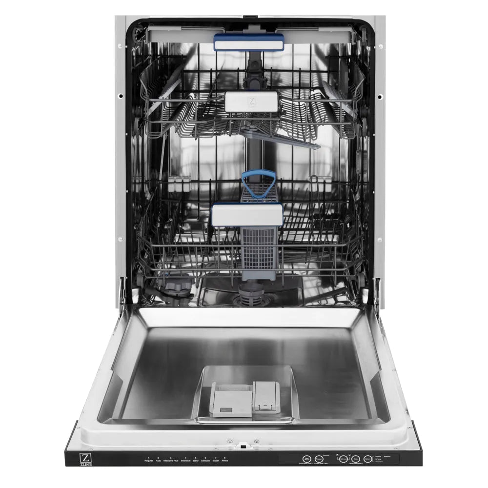 ZLINE Autograph Edition 24 in. Tallac Series 3rd Rack Dishwasher with Auto Door Open Drying, 51dBa, Panel Ready with Matte Black Handle (DWVZ-24-MB) front, open, showing stainless steel tub.