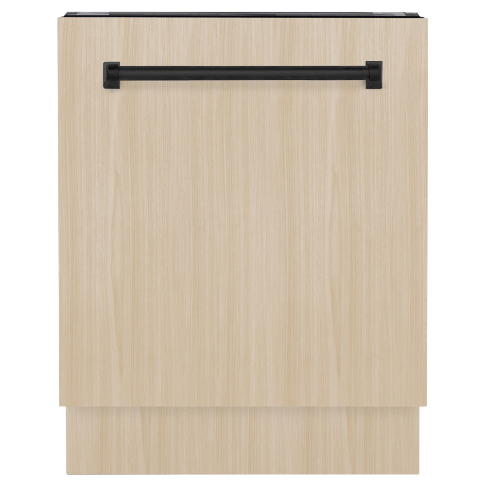 ZLINE Autograph Edition 24 in. Tallac Series 3rd Rack Dishwasher with Auto Door Open Drying, 51dBa, Panel Ready with Matte Black Handle (DWVZ-24-MB) front, with custom wood panel.
